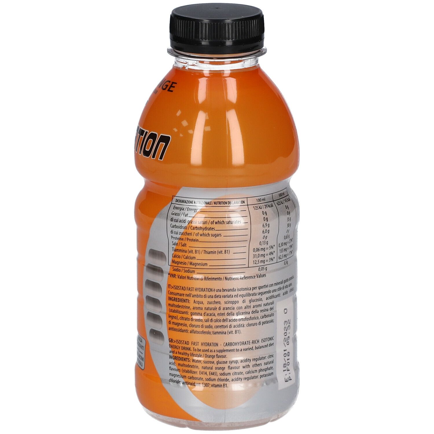 Retro bottiglia Isostad Arancia. Informazioni nutrizionali e ingredienti. Tappo nero.
