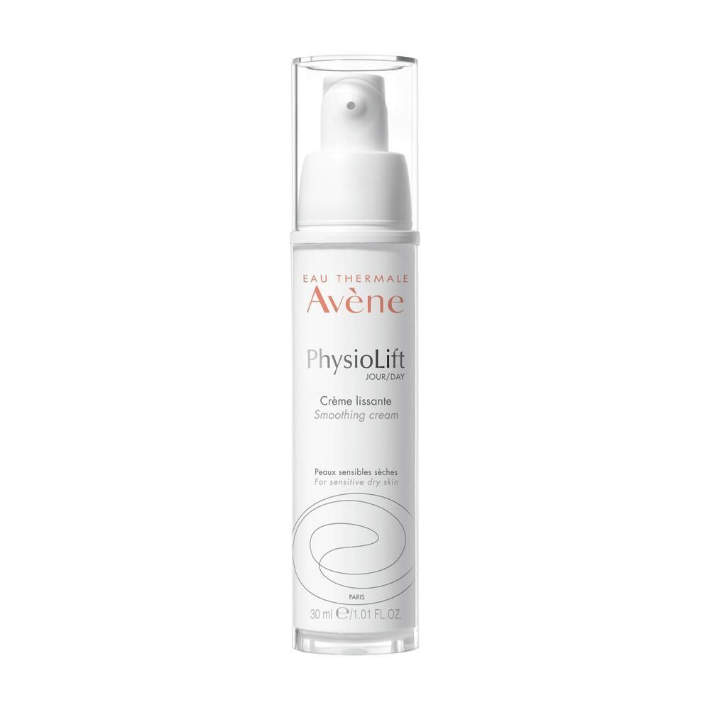 Flacon blanc avec pompe. Inscription: Eau Thermale Avène, PhysioLift, Crème lissante, Smoothing cream. Pour peaux sensibles.