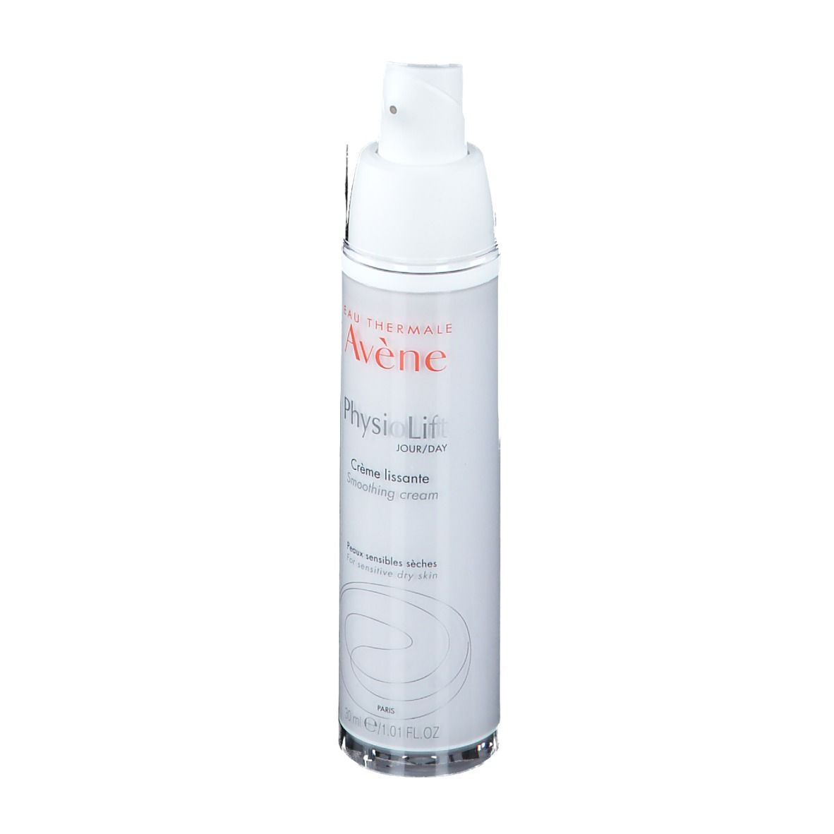 Flacon blanc avec pompe. Inscription: Eau Thermale Avène, PhysioLift, Crème lissante, Smoothing cream. 30 ml.