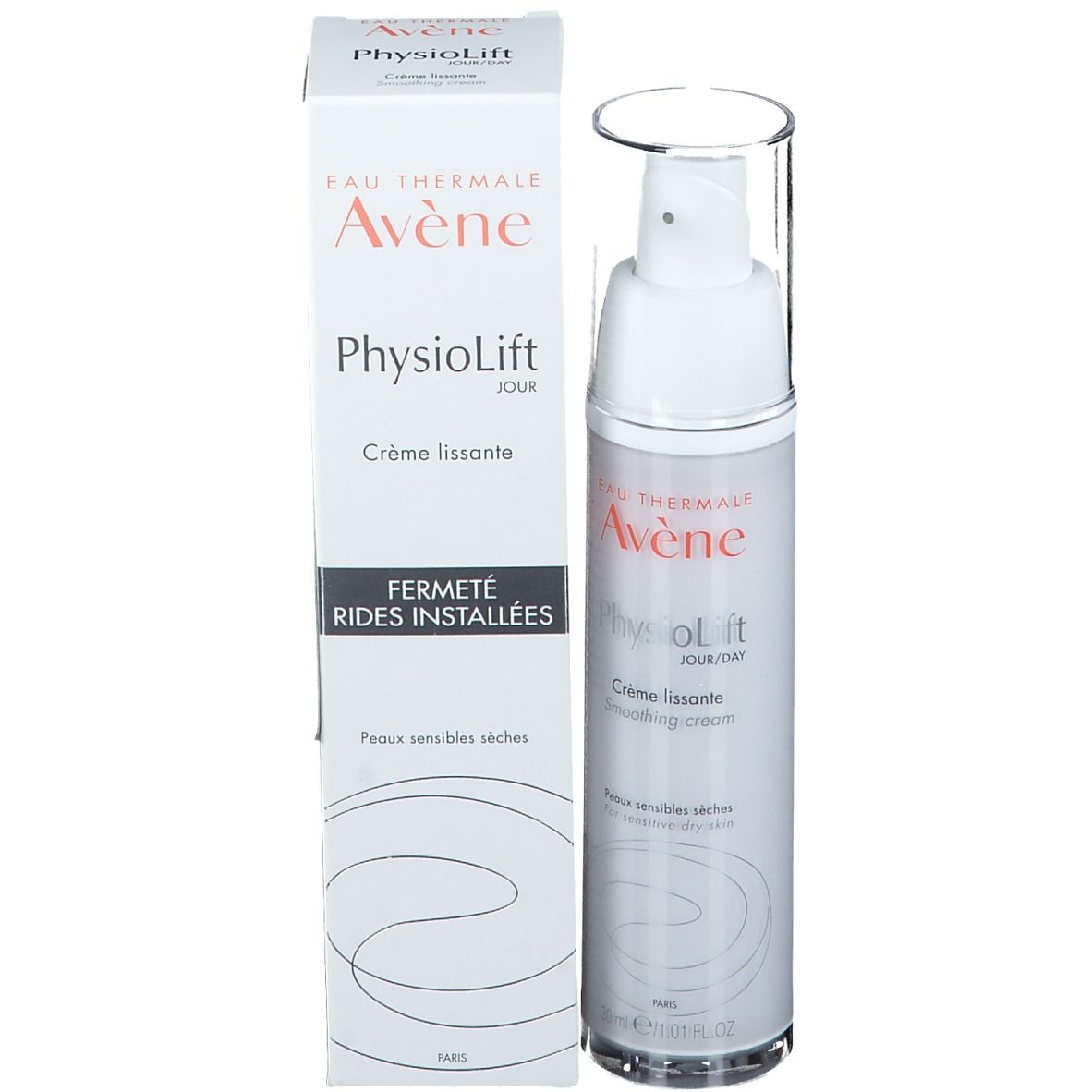 Boîte et flacon blancs. Inscription: Eau Thermale Avène, PhysioLift, Crème lissante, Smoothing cream. Pour peaux sèches.
