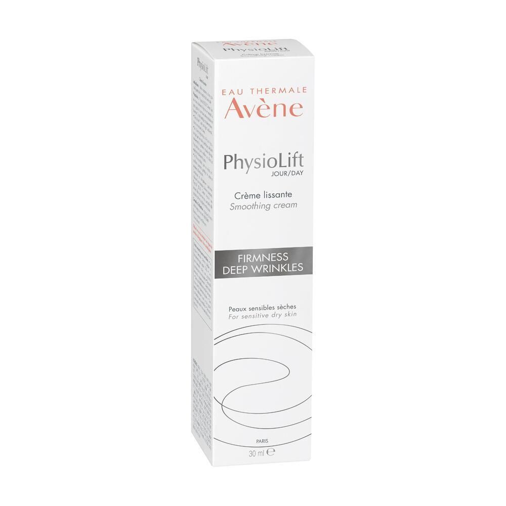 Boîte blanche. Inscription: Eau Thermale Avène, PhysioLift, Crème lissante, Smoothing cream. Pour peaux sensibles sèches.