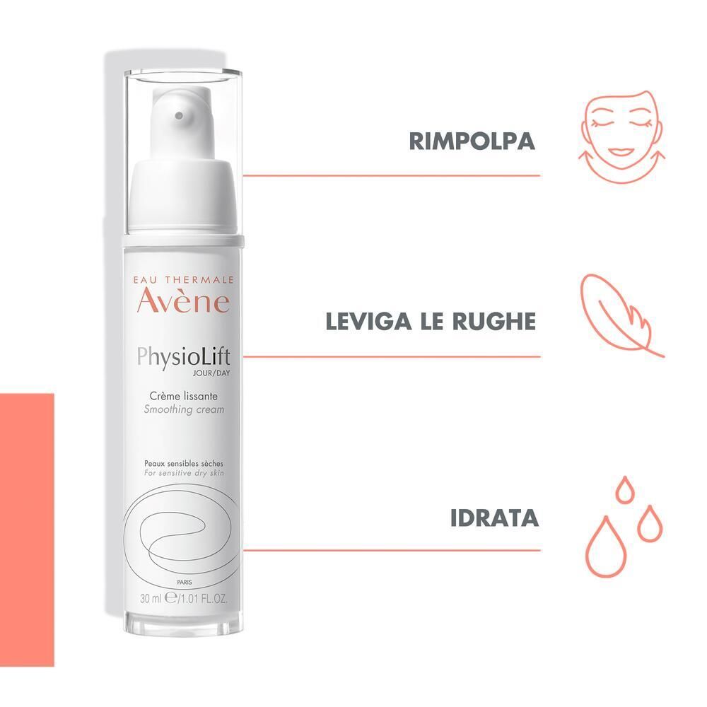 Flacon blanc avec pompe. Inscription: Eau Thermale Avène, PhysioLift, Crème lissante, Smoothing cream. Icônes: visage, plume, gouttes.