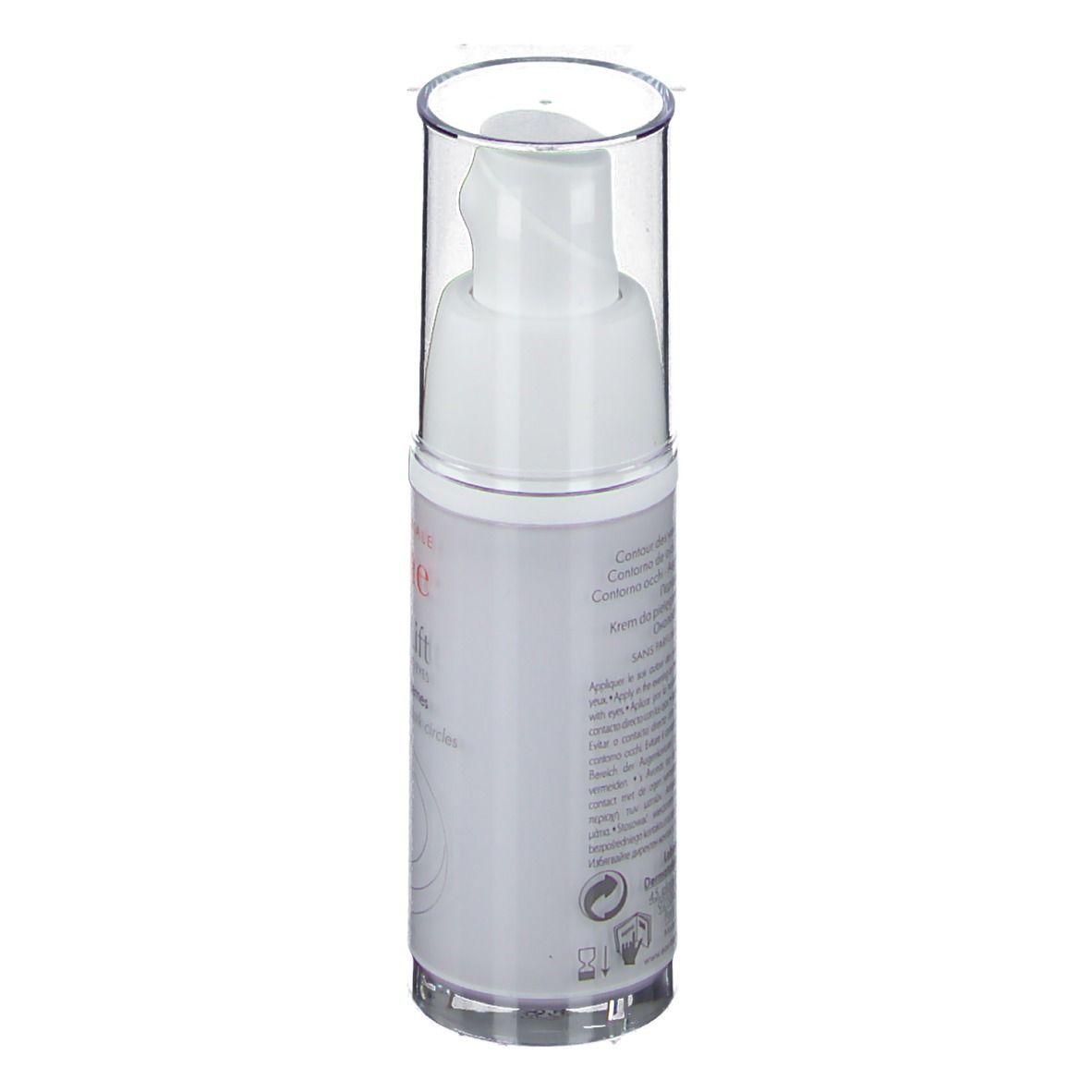Weißer Spender mit transparentem Deckel. Aufschrift: Eau Thermale Avène PhysioLift Yeux. 15 ml. Für Falten, Tränensäcke, Augenringe.