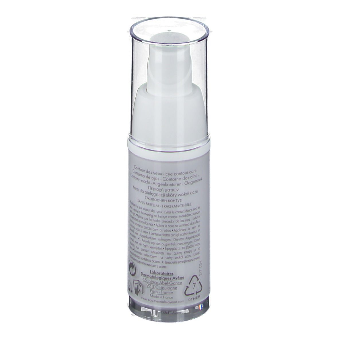 Weißer Spender mit transparentem Deckel. Aufschrift: Eau Thermale Avène PhysioLift Yeux. 15 ml. Für Falten, Tränensäcke, Augenringe.