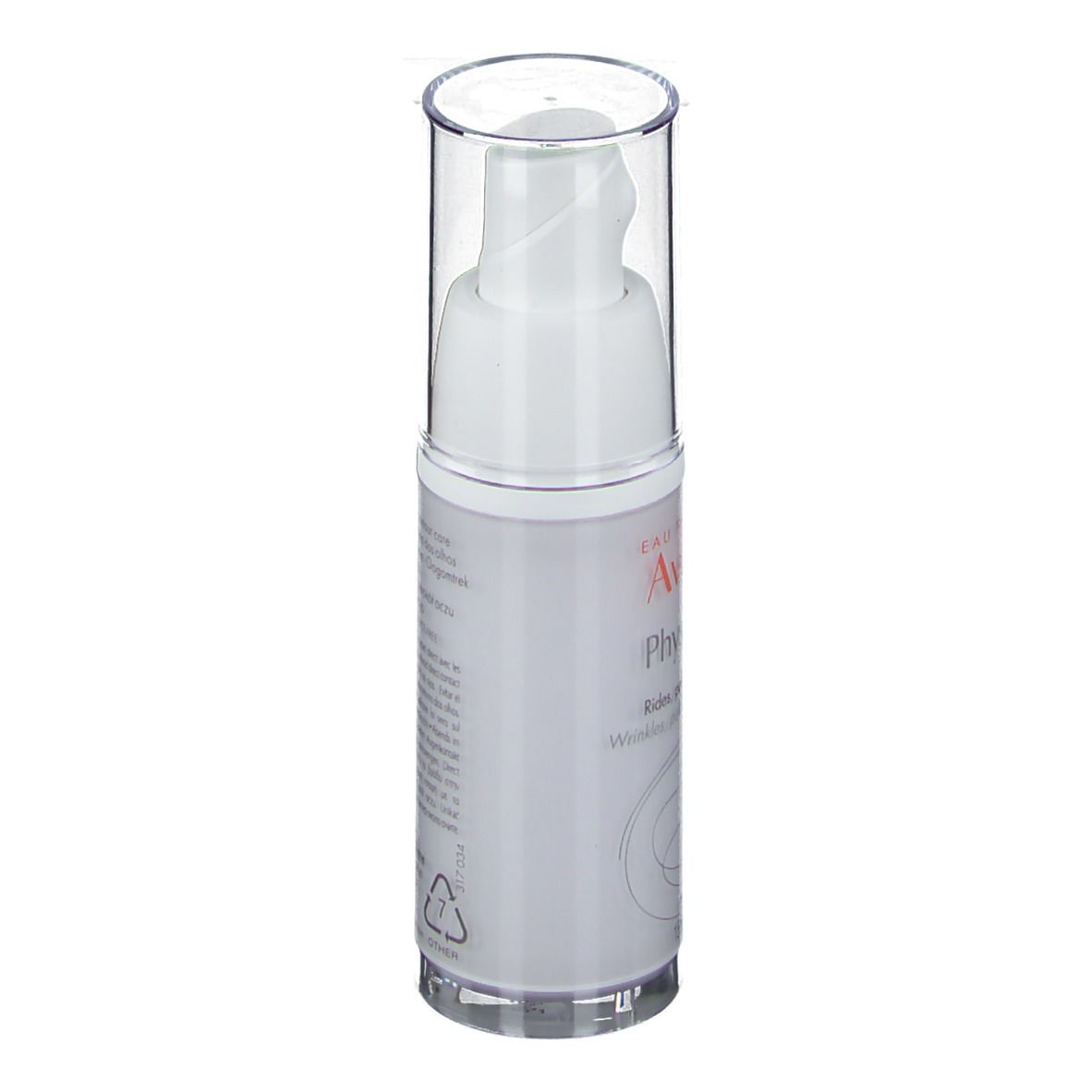 Weißer Spender mit transparentem Deckel. Aufschrift: Eau Thermale Avène PhysioLift Yeux. 15 ml. Für Falten, Tränensäcke, Augenringe.