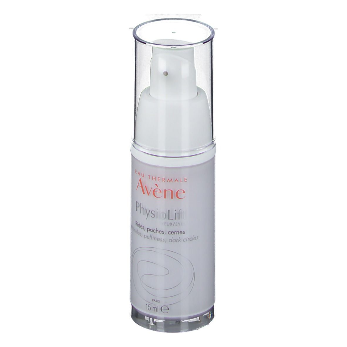 Weißer Spender mit transparentem Deckel. Aufschrift: Eau Thermale Avène PhysioLift Yeux. 15 ml. Für Falten, Tränensäcke, Augenringe.