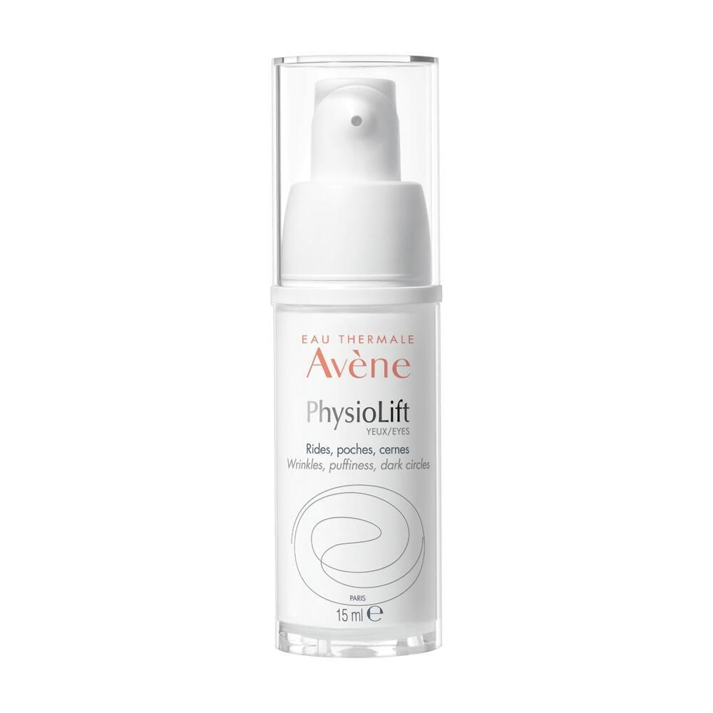 Weißer Spender mit transparentem Deckel. Aufschrift: Eau Thermale Avène PhysioLift Yeux. 15 ml. Für Falten, Tränensäcke, Augenringe.