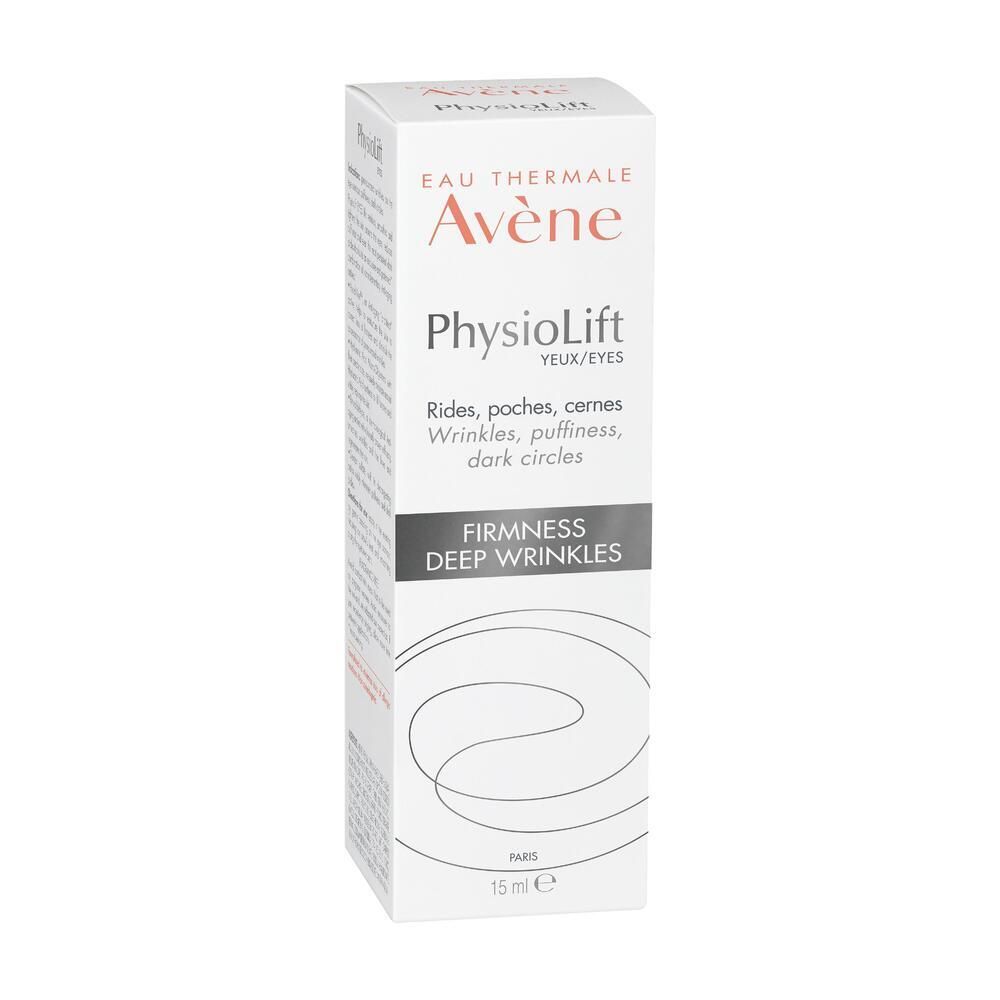 Weiße Verpackung mit Aufschrift: Eau Thermale Avène PhysioLift Yeux. Für Falten, Tränensäcke, Augenringe. 15 ml. Schwarzer Text.