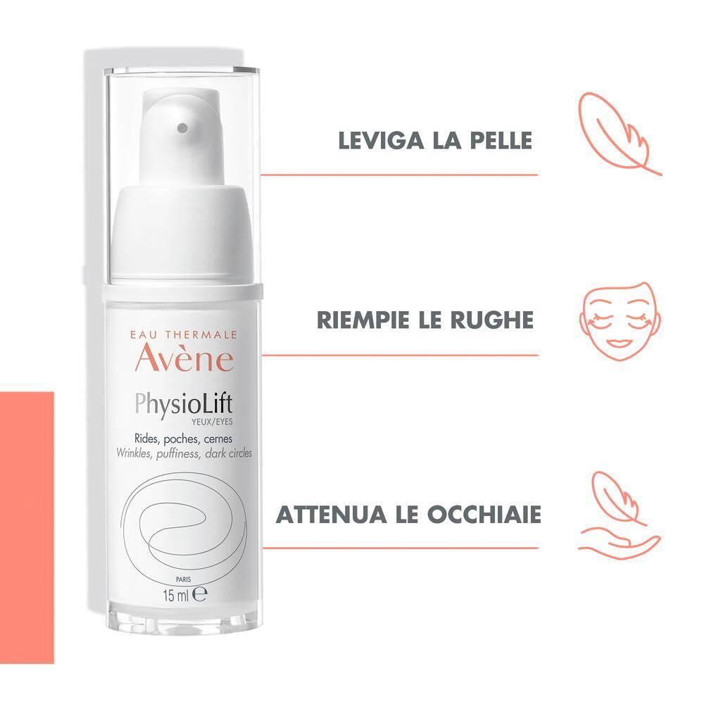 Weißer Spender mit transparentem Deckel. Aufschrift: Eau Thermale Avène PhysioLift Yeux. 15 ml. Für Falten, Tränensäcke, Augenringe.