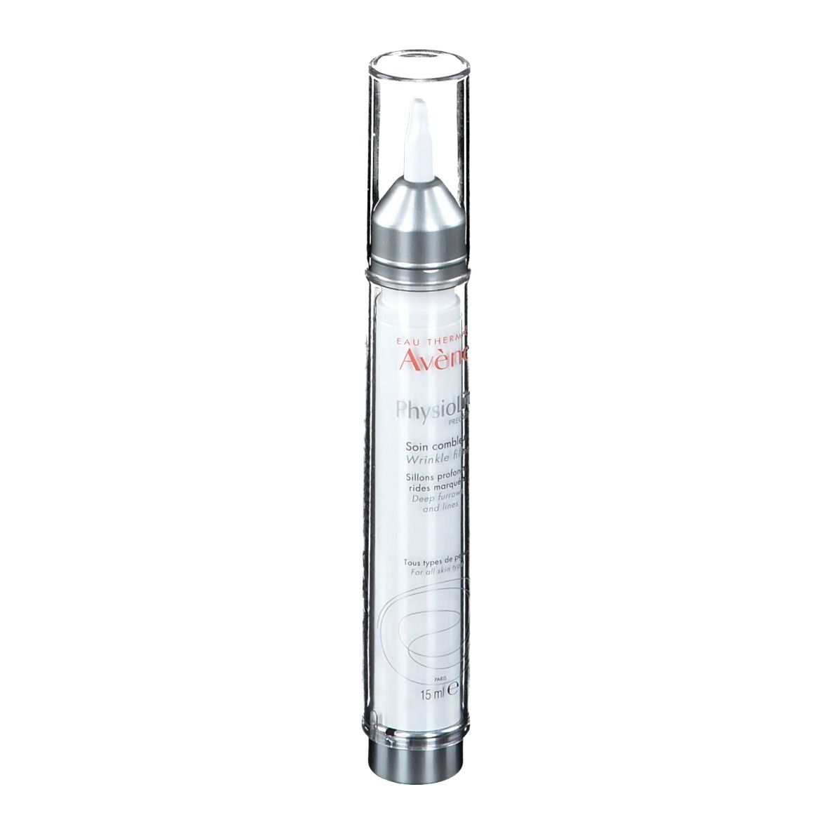 Avène PhysioLift Falten Filler. Weiße Tube mit silberner Spitze und Kappe. Produktname und Text aufgedruckt. 15ml.