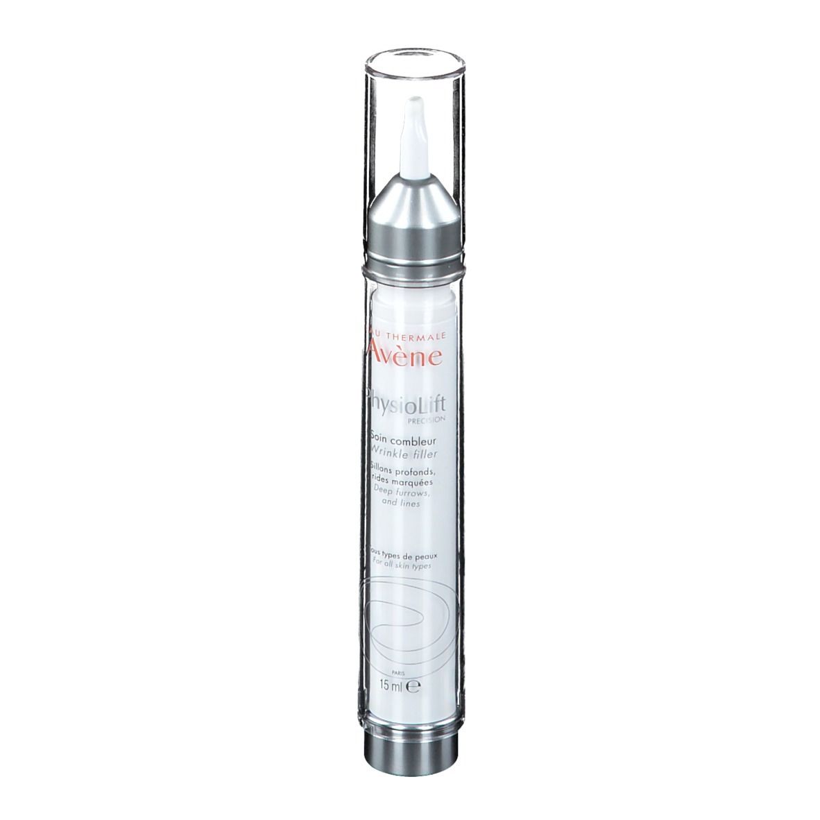 Avène PhysioLift Falten Filler. Weiße Tube mit silberner Spitze und Kappe. Produktname und Text aufgedruckt. 15ml.