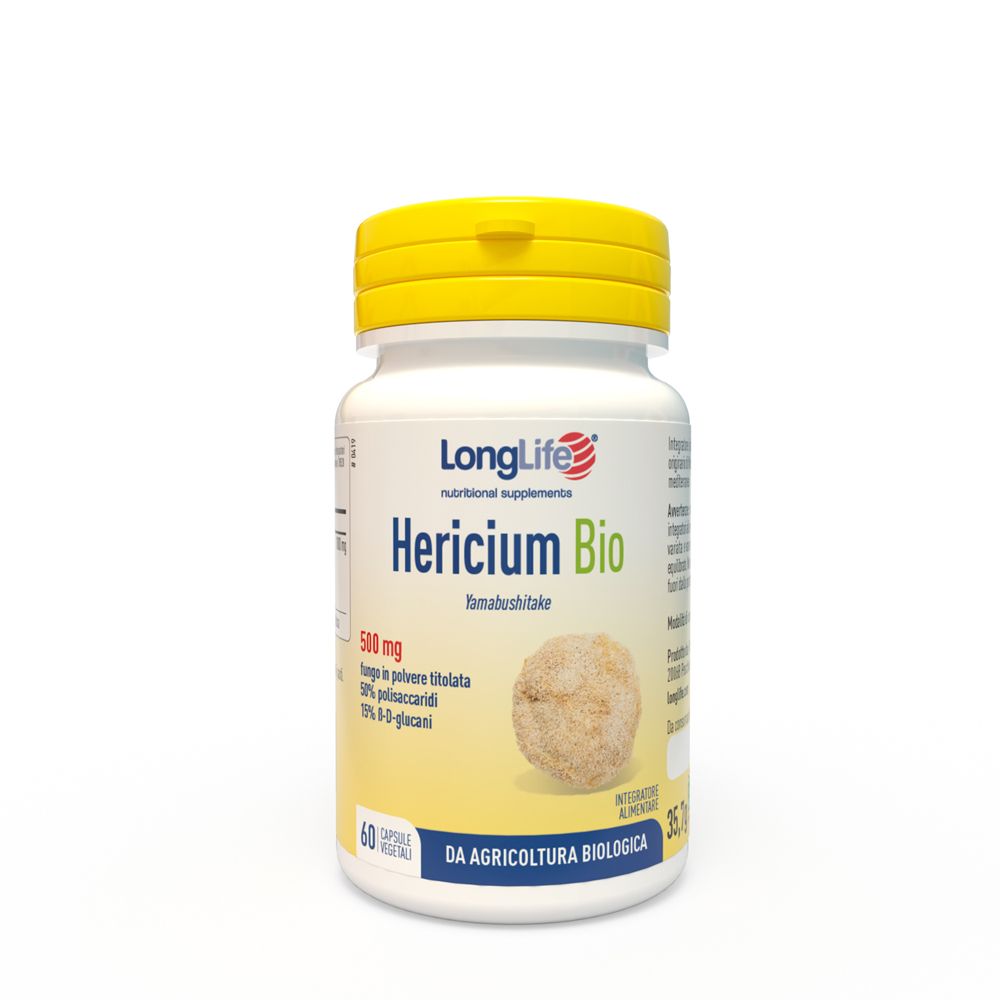Flacone bianco di integratore con tappo giallo. Scritta: LongLife Hericium Bio, 60 capsule.