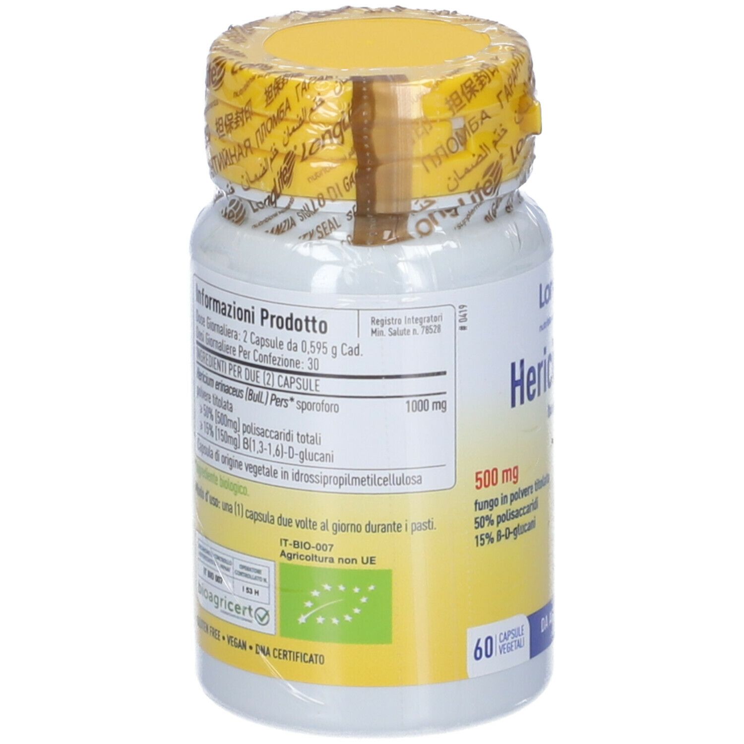 Flacone di integratore con tappo giallo e sigillo. Retro con informazioni prodotto e certificazione.