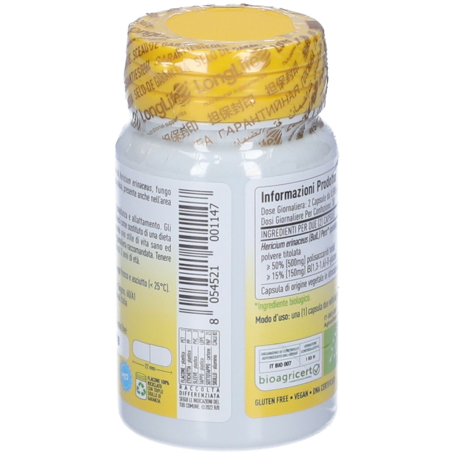 Flacone di integratore con tappo giallo e sigillo. Retro con informazioni prodotto e certificazione.