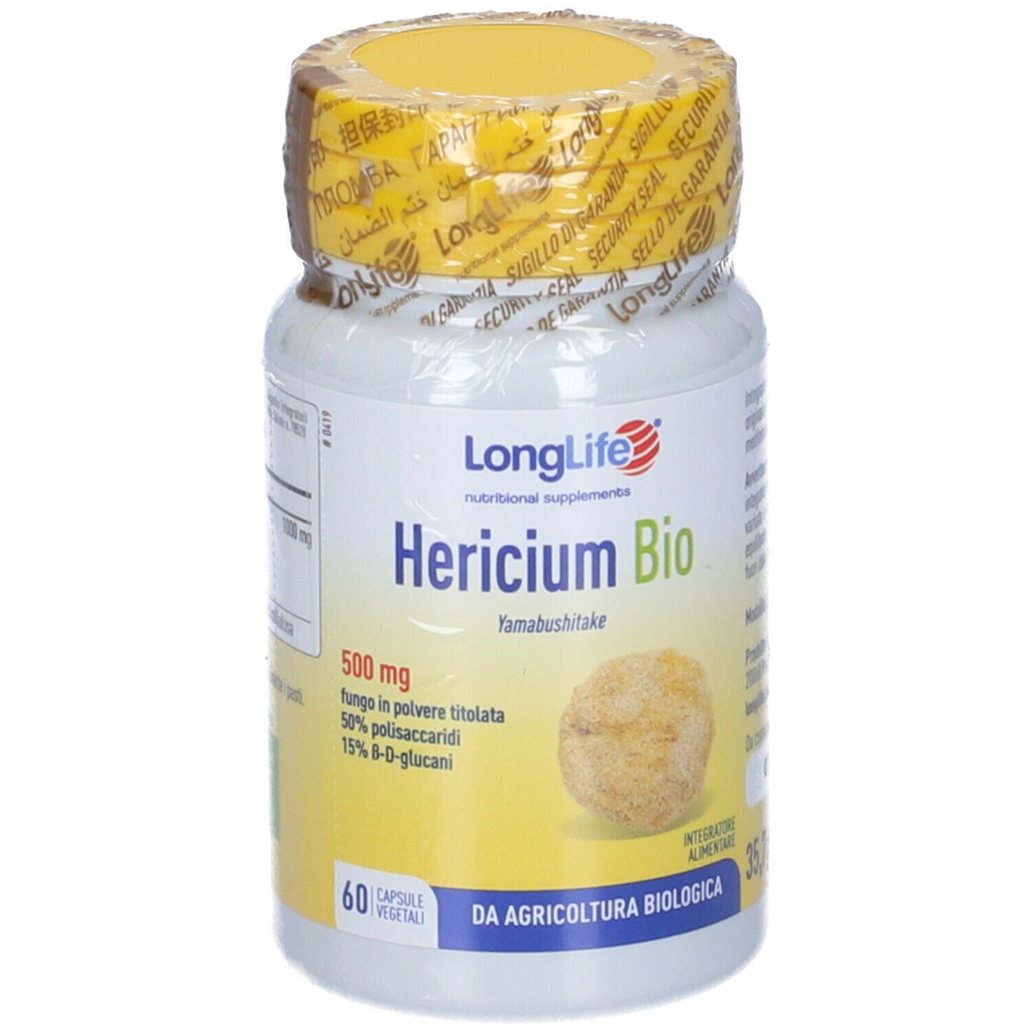 Flacone di integratore con tappo giallo e sigillo. Scritta: LongLife Hericium Bio, 60 capsule.