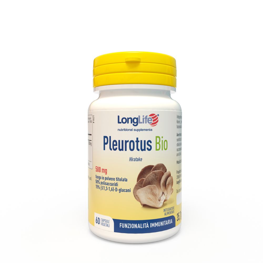 Flacone bianco con tappo giallo. Scritta: Pleurotus Bio, 60 capsule. Illustrazione di funghi.