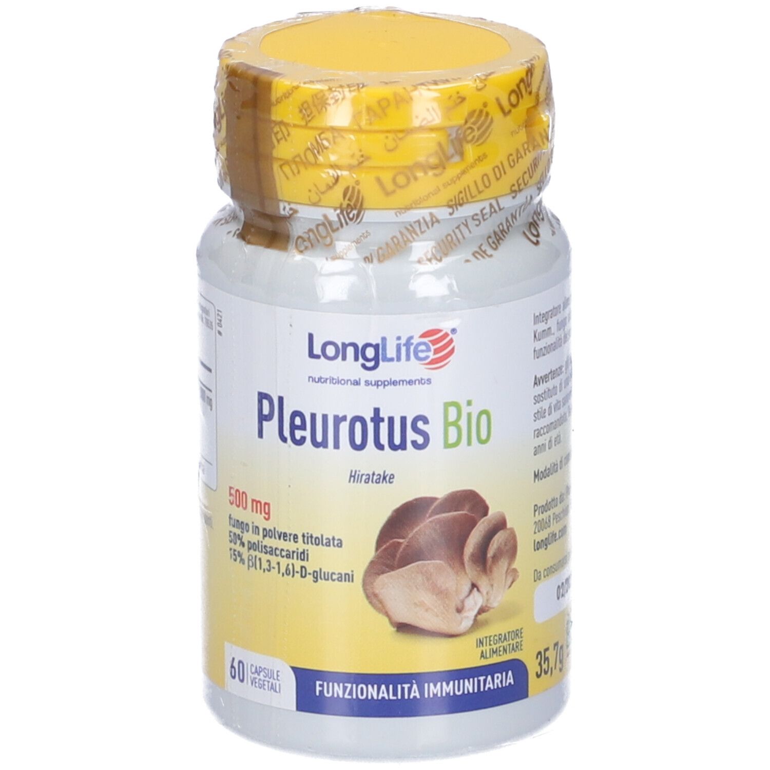 Flacone bianco con tappo giallo, sigillato. Scritta: Pleurotus Bio, 60 capsule. Sigillo.