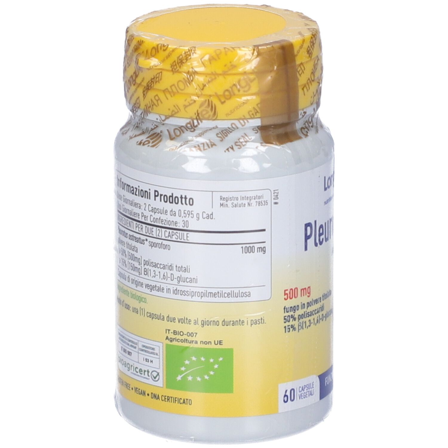 Retro del flacone. Testo: informazioni nutrizionali, ingredienti, certificazione bio. Tappo giallo, sigillato.