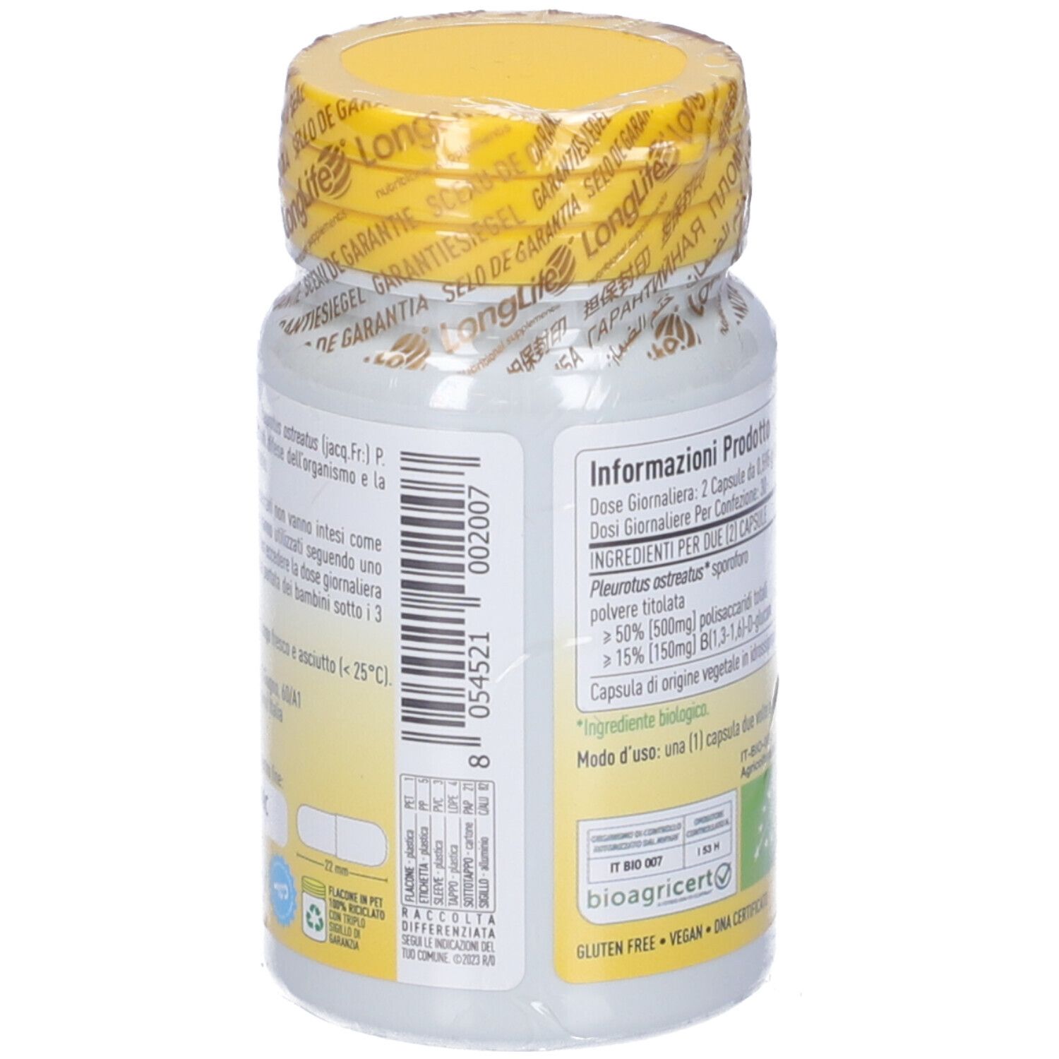 Retro del flacone. Testo: informazioni nutrizionali, ingredienti, certificazione bio. Tappo giallo, sigillato.