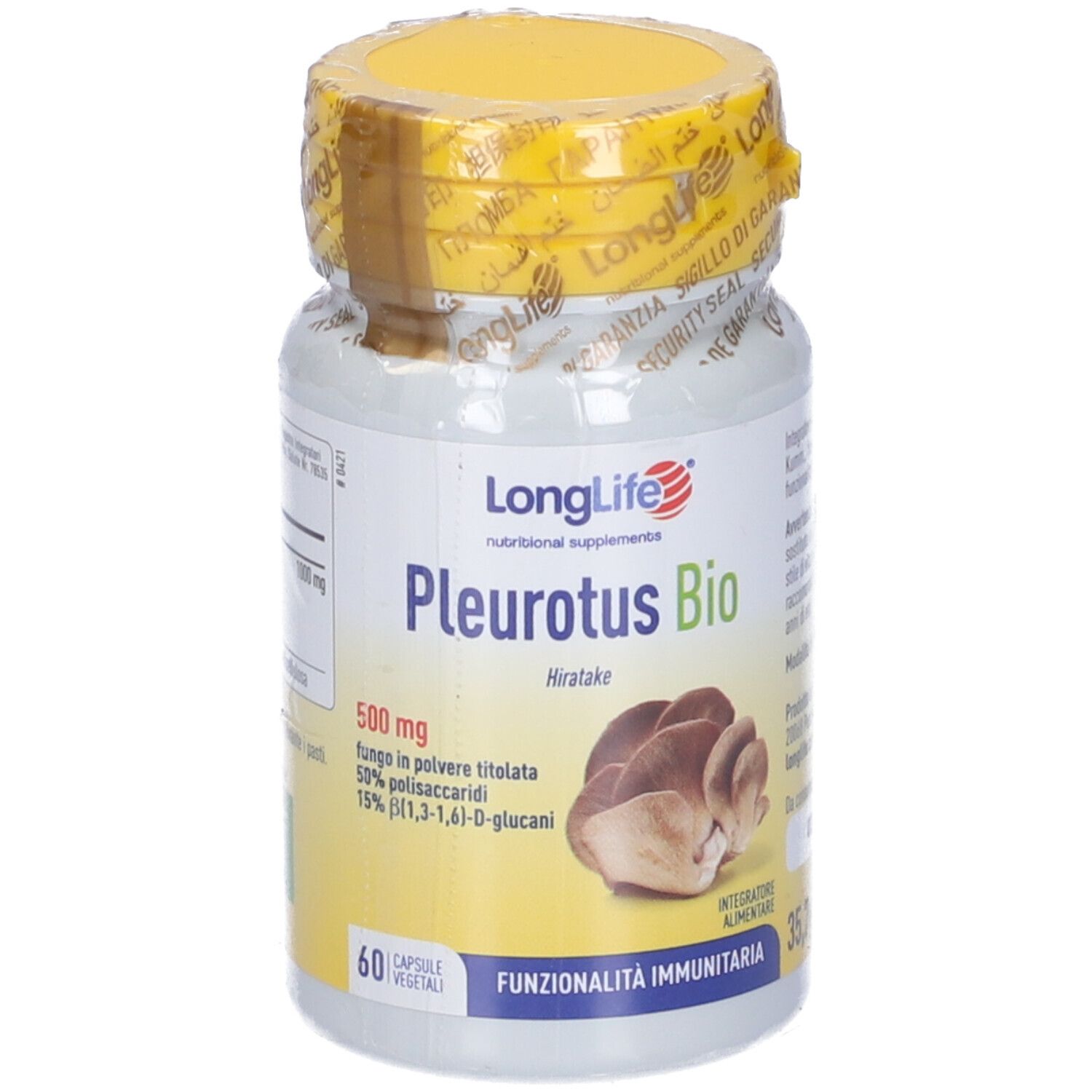 Flacone bianco con tappo giallo, sigillato. Scritta: Pleurotus Bio, 60 capsule. Sigillo.
