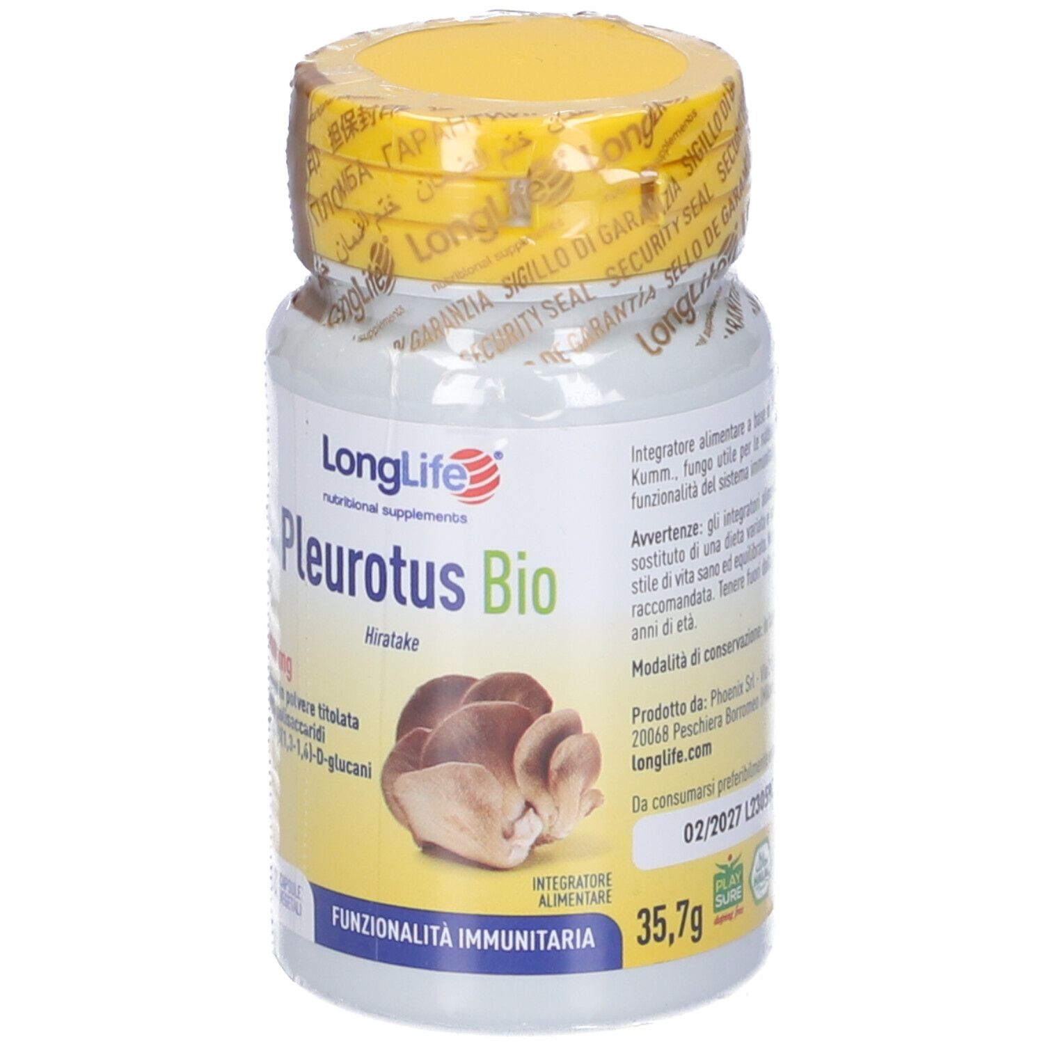 Flacone bianco con tappo giallo, sigillato. Scritta: Pleurotus Bio, 60 capsule. Sigillo.