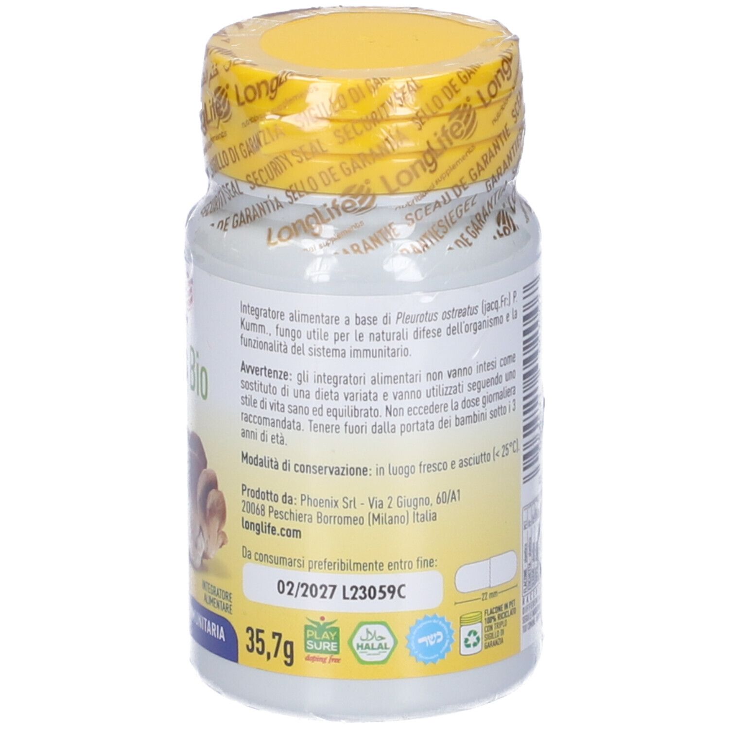 Retro del flacone. Testo: ingredienti, produttore, scadenza. Tappo giallo, sigillato.