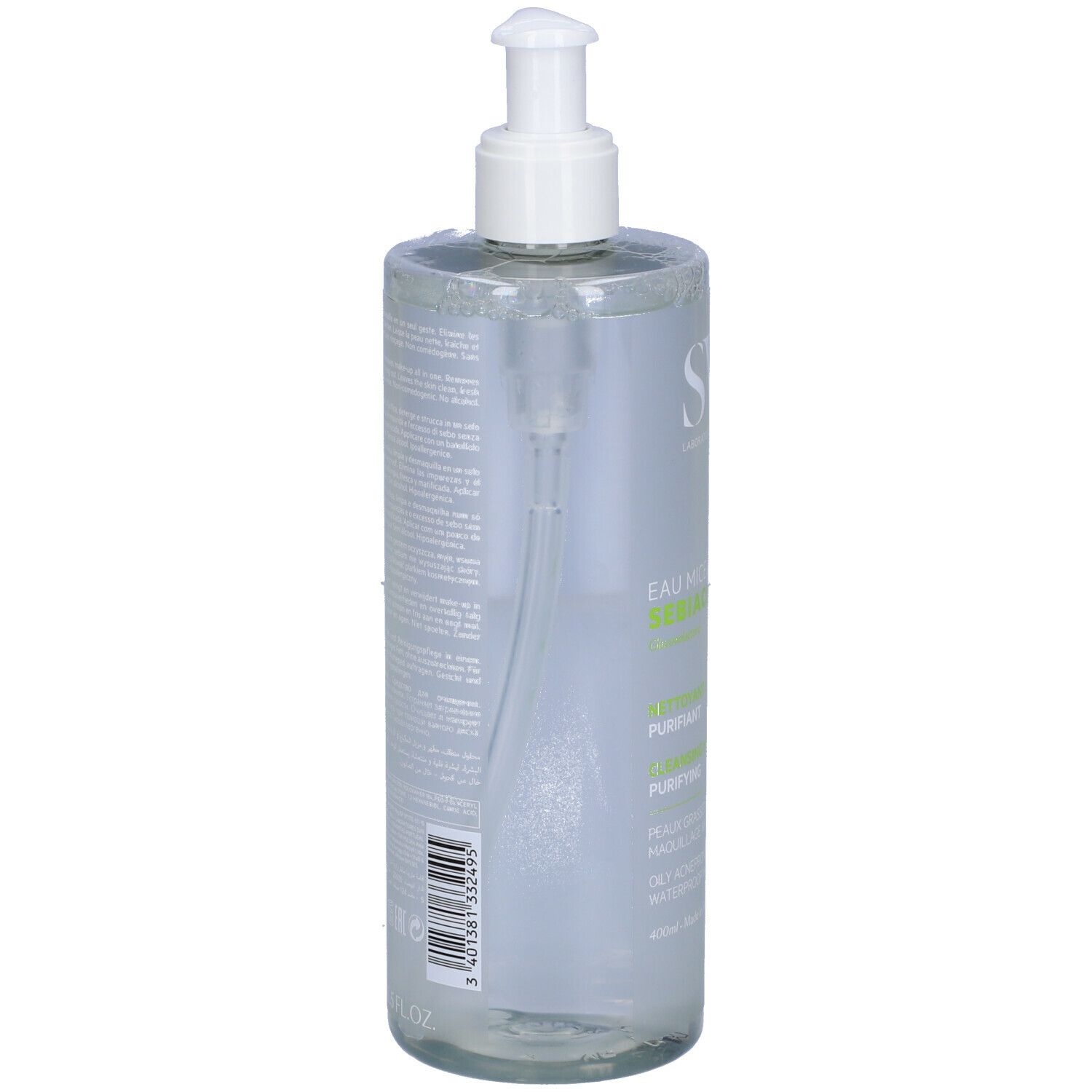 Flacone trasparente con dosatore bianco. Scritte SVR, Eau Micellaire Sebiaclear. Logo verde.