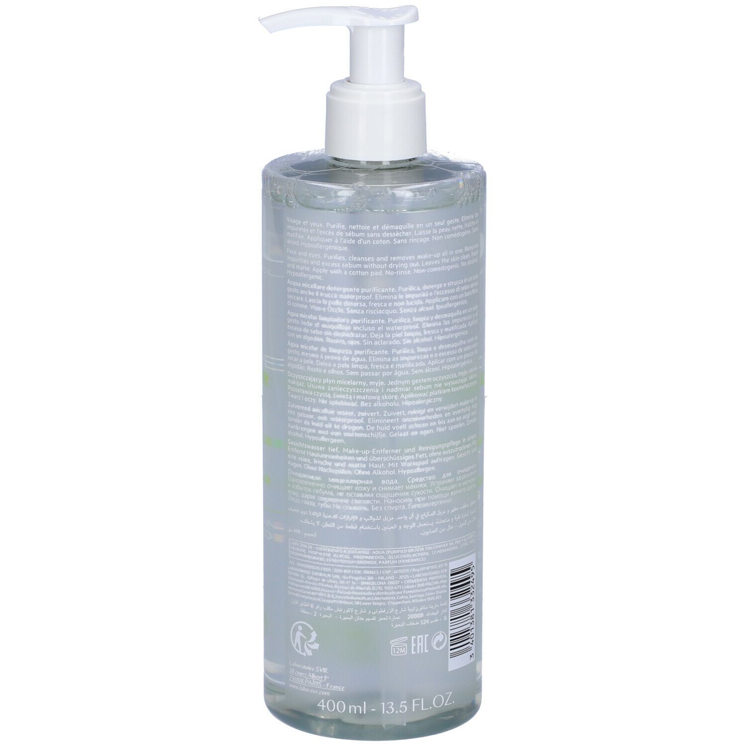 Flacone trasparente con dosatore bianco. Scritte SVR, Eau Micellaire Sebiaclear. Logo verde.
