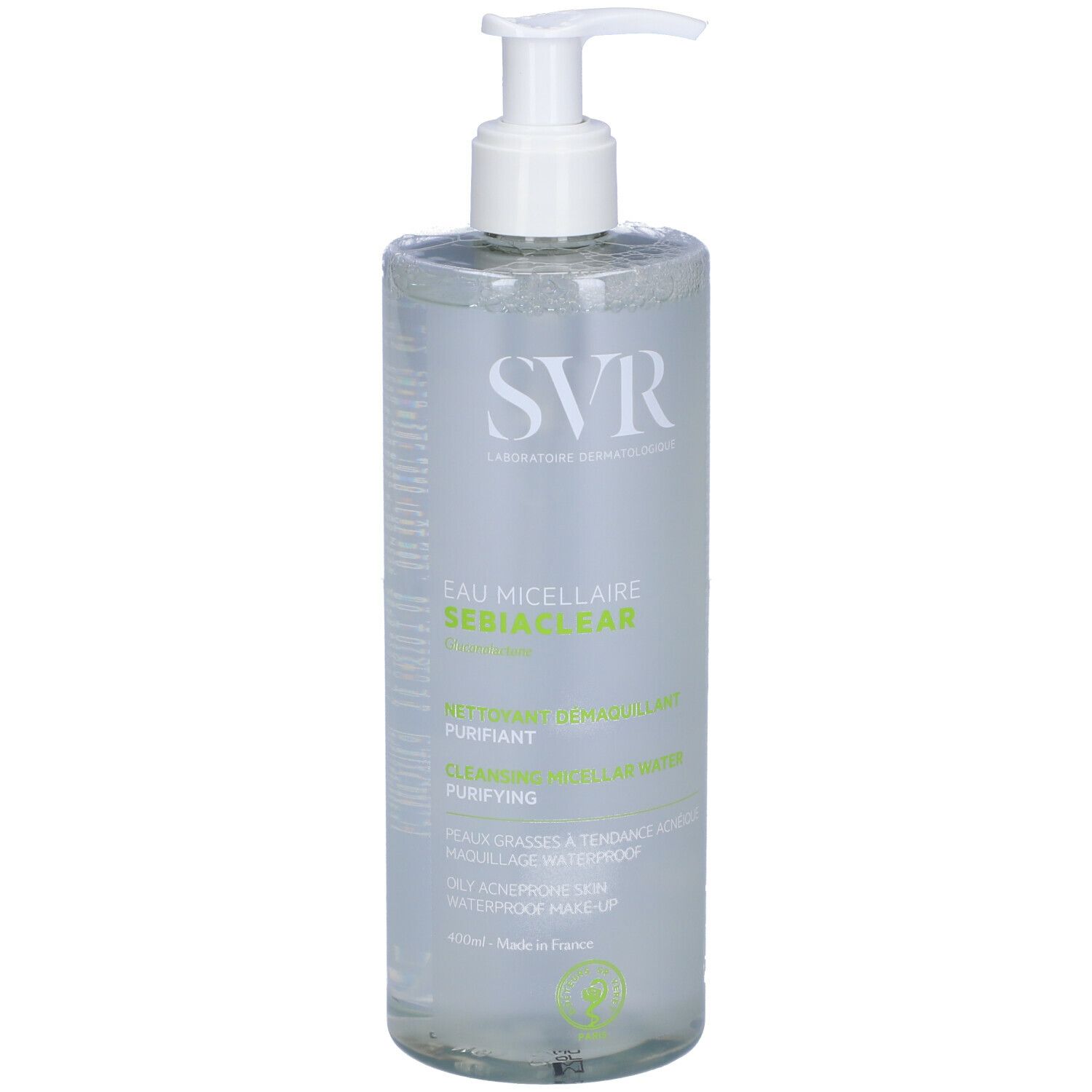 Flacone trasparente con dosatore bianco. Scritte SVR, Eau Micellaire Sebiaclear. Logo verde.