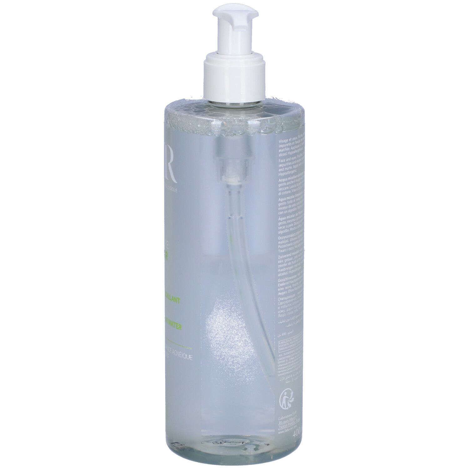Flacone trasparente con dosatore bianco. Scritte SVR, Eau Micellaire Sebiaclear. Logo verde.