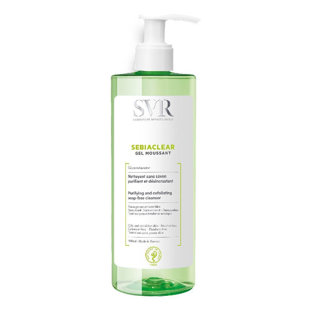 Flacone verde con dosatore bianco. Scritta SVR, Sebiaclear Gel Moussant. Gel detergente schiumogeno.