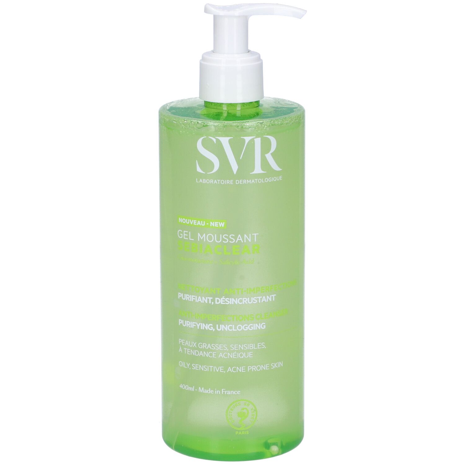 Flacone verde con dosatore bianco. Scritta SVR, Sebiaclear Gel Moussant. Per pelli grasse, a tendenza acneica.
