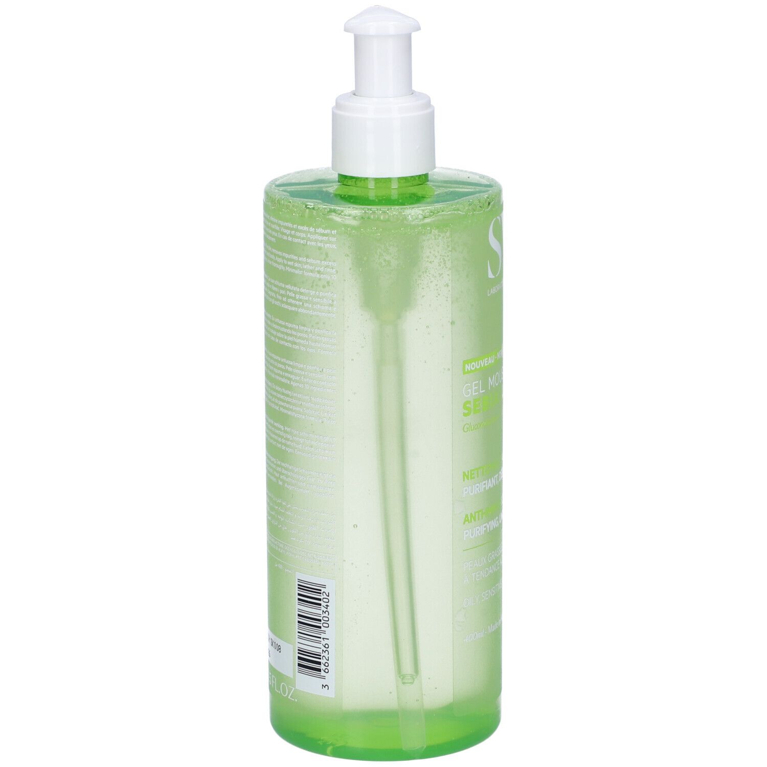 Retro del flacone verde con dosatore bianco. Testo e codice a barre. Nome del prodotto non visibile.