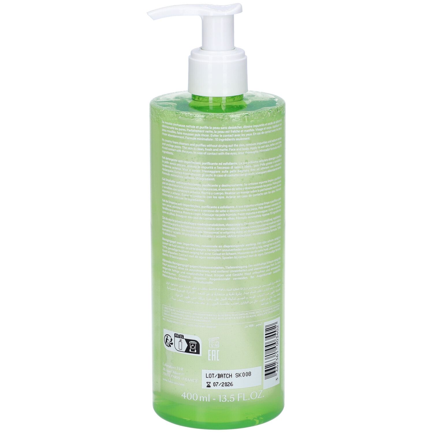 Retro del flacone verde con dosatore bianco. Testo e numero di lotto. Nome del prodotto non visibile.