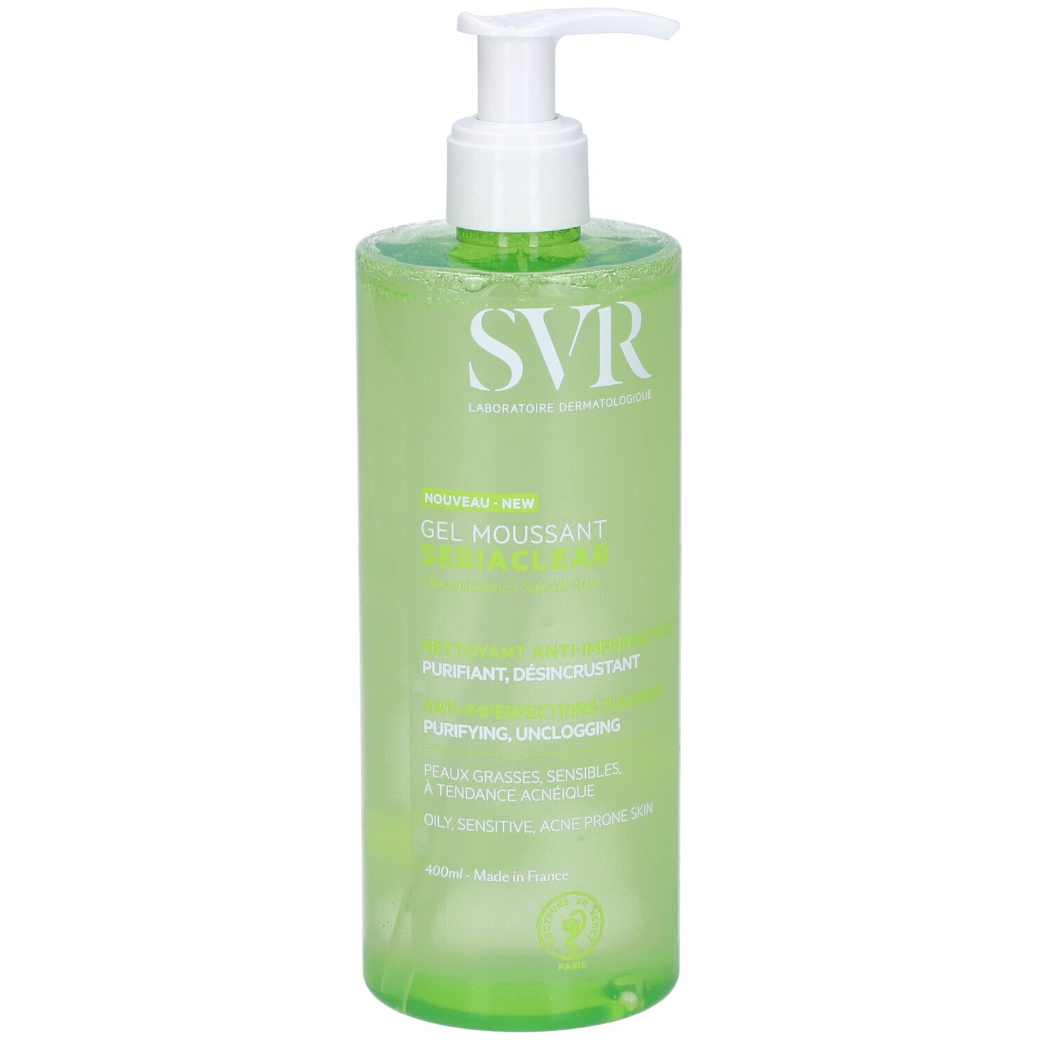 Flacone verde con dosatore bianco. Scritta SVR, Sebiaclear Gel Moussant. Per pelli grasse, a tendenza acneica.