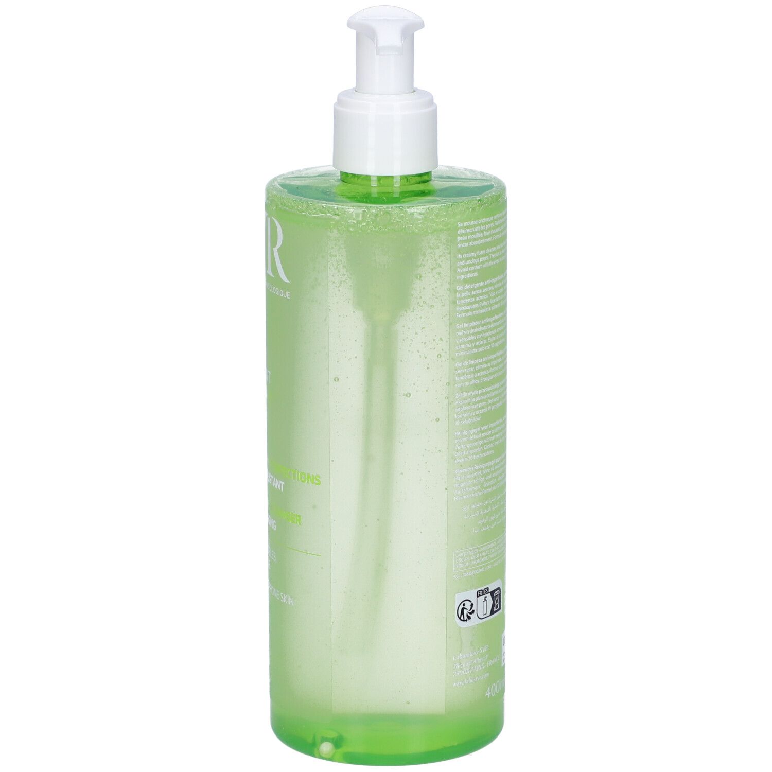 Lato del flacone verde con dosatore bianco. Testo illeggibile. Nome del prodotto non visibile.
