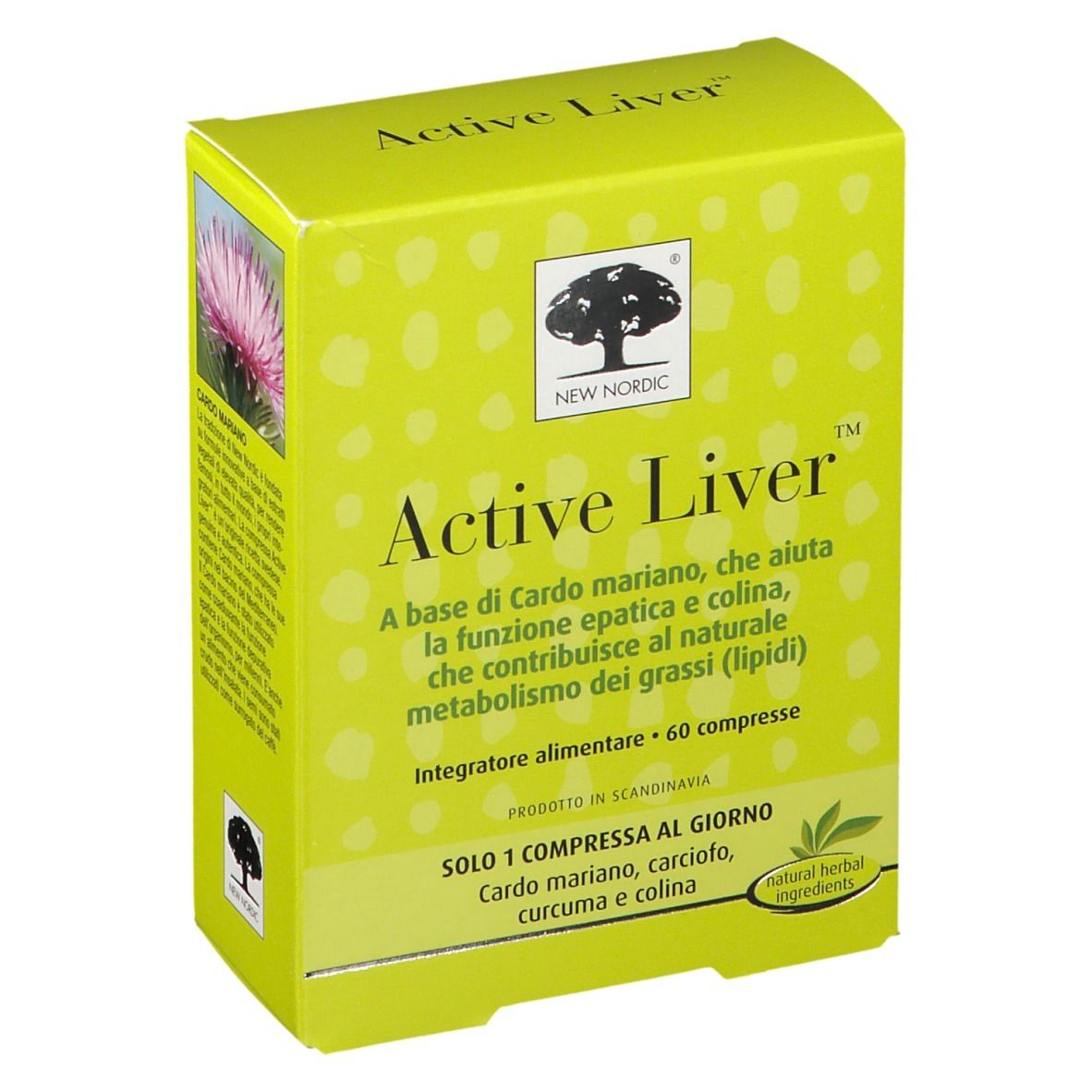 Scatola gialla 'Active Liver'. Contiene 60 compresse. Marchio New Nordic. Ingredienti e logo visibili. Prodotto scandinavo.
