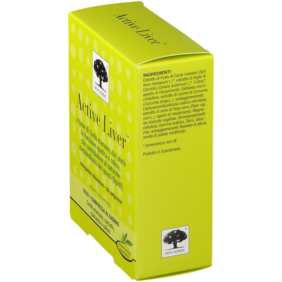 Scatola gialla 'Active Liver'. Ingredienti: cardo mariano, carciofo, curcuma, pepe. Marchio New Nordic. Prodotto in Scandinavia.