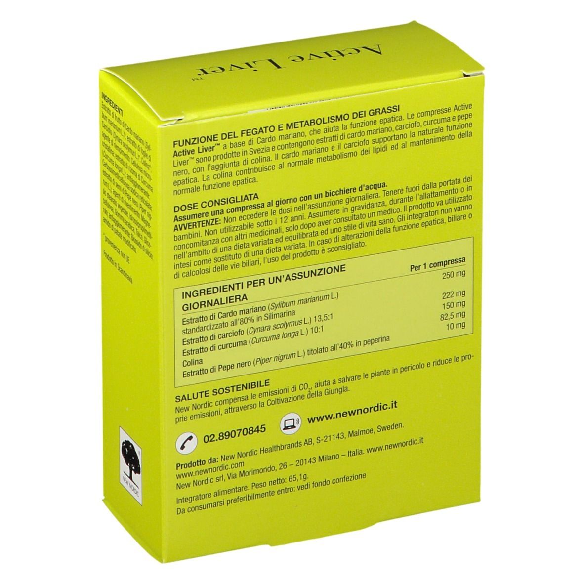 Scatola gialla 'Active Liver'. Retro con informazioni sugli ingredienti e il dosaggio. Marchio New Nordic. Prodotto in Scandinavia.