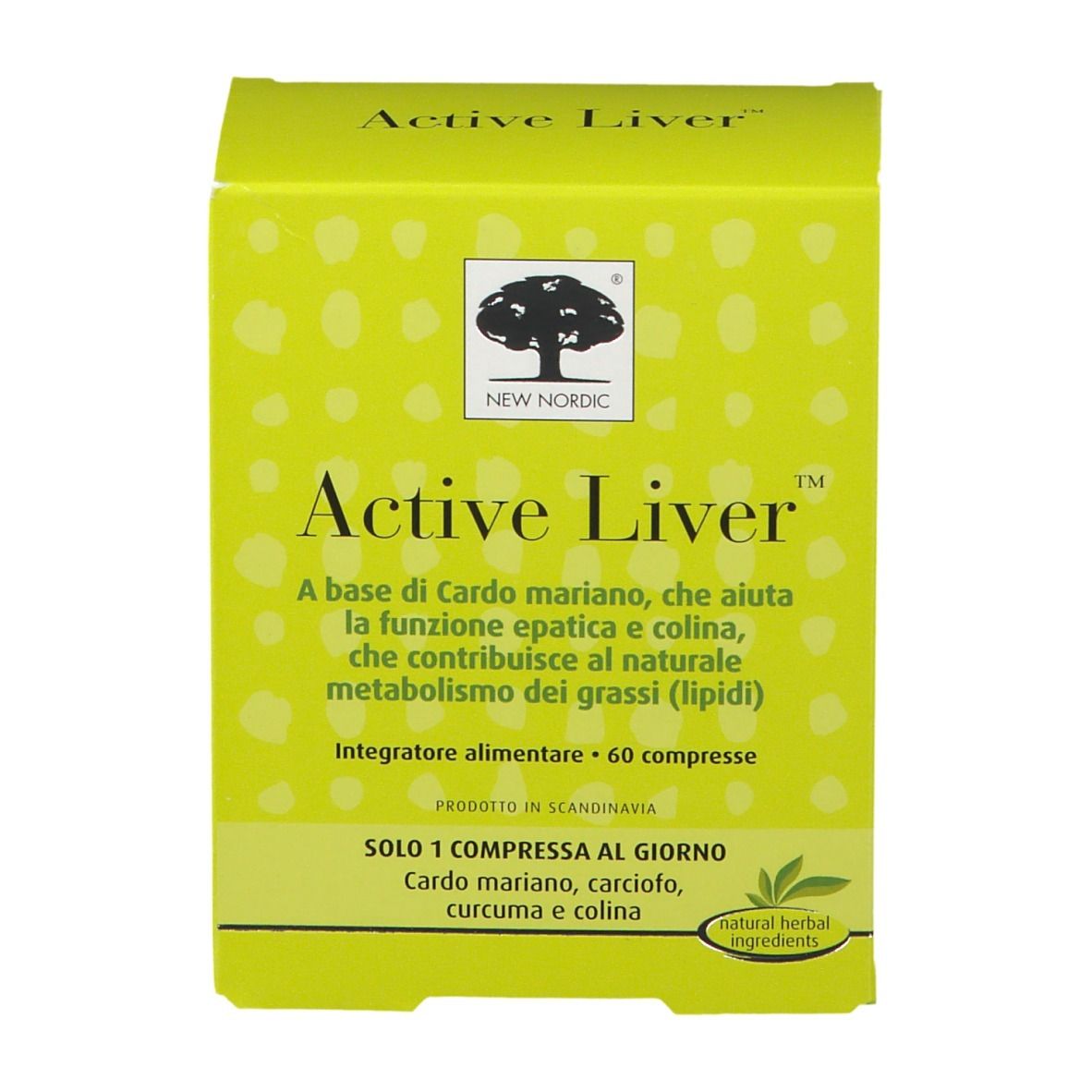 Scatola gialla 'Active Liver'. Contiene 60 compresse. Marchio New Nordic. Ingredienti e logo visibili. 'Natural herbal ingredients'.