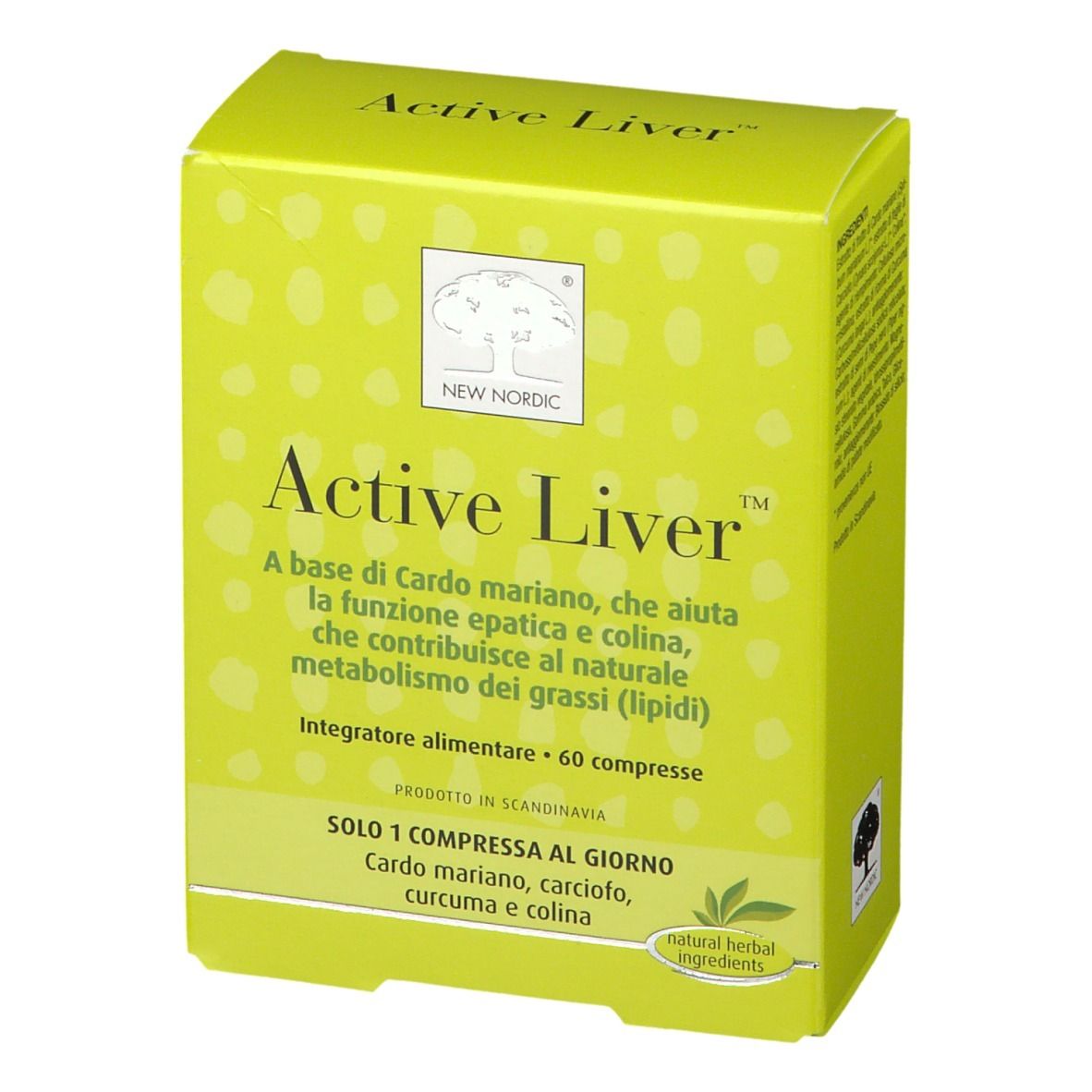 Scatola gialla 'Active Liver'. Contiene 60 compresse. Marchio New Nordic. Ingredienti e logo visibili. 'Natural herbal ingredients'.