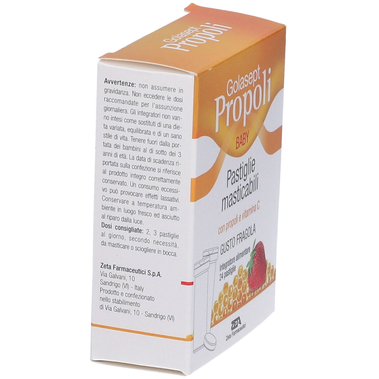Scatola Golasept Propoli Baby Pastiglie Masticabili. Vista laterale. Testo e immagine di fragola. Logo Zeta Farmaceutici.