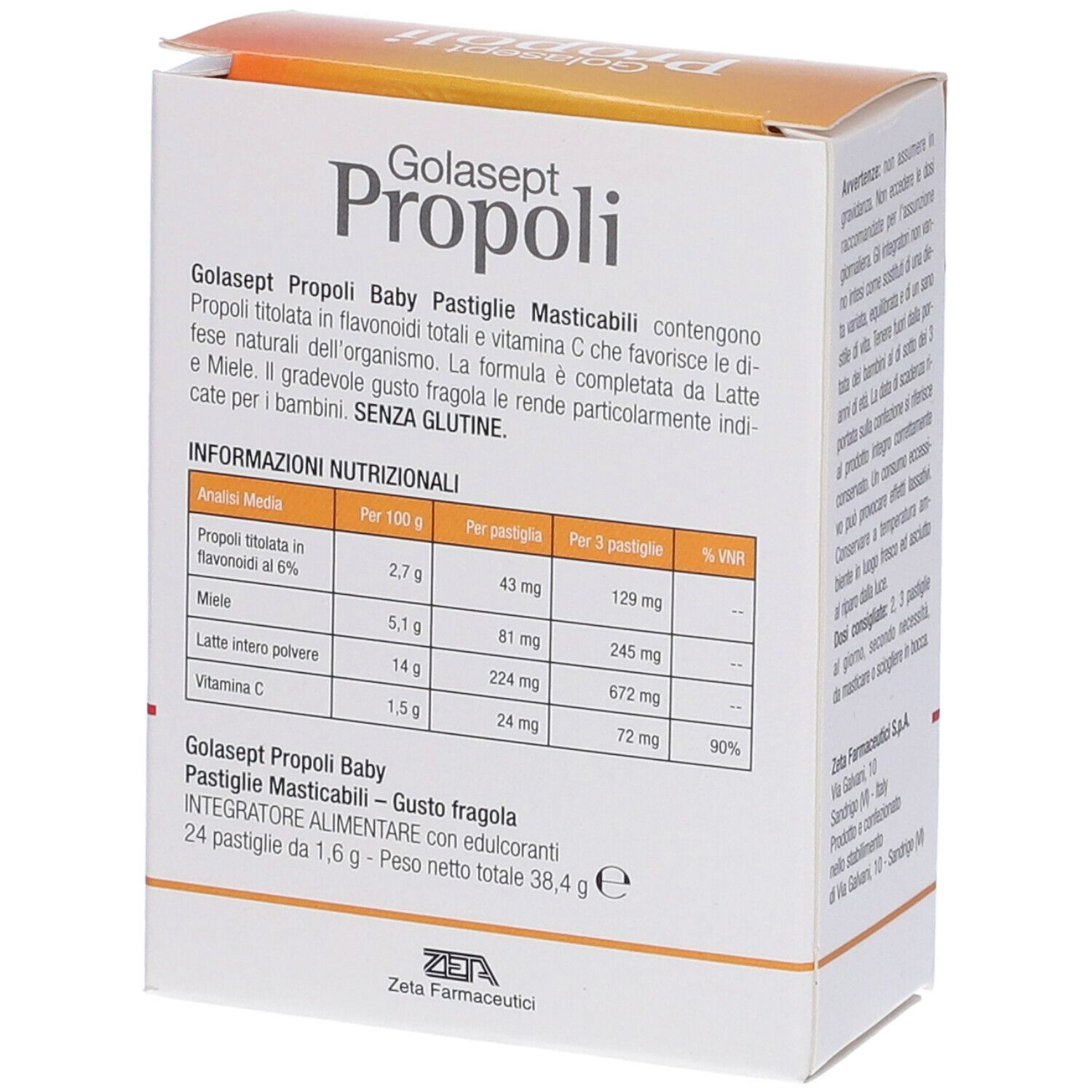 Retro della scatola Golasept Propoli Baby Pastiglie Masticabili. Informazioni nutrizionali e testo. Logo Zeta Farmaceutici.
