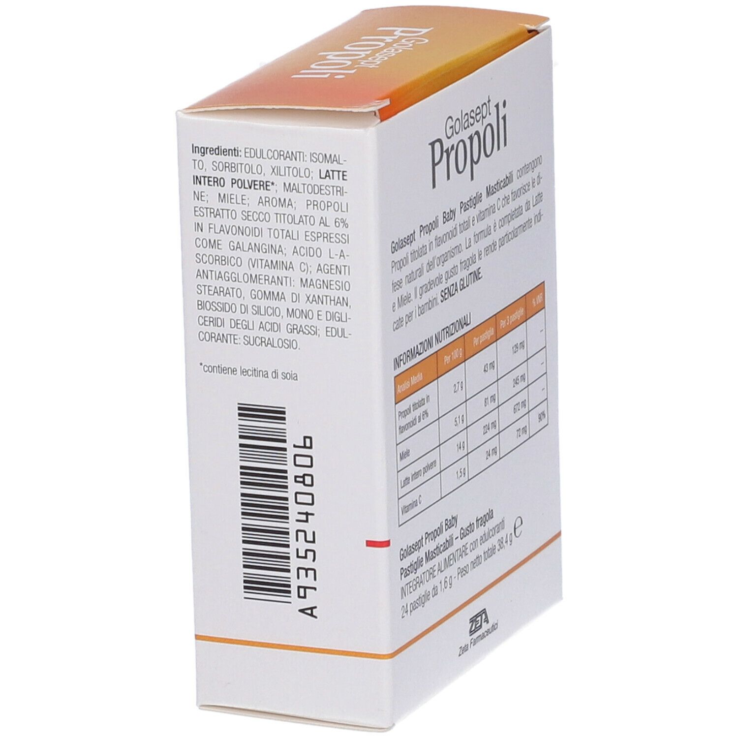 Lato della scatola Golasept Propoli Baby Pastiglie Masticabili. Elenco ingredienti e testo. Logo Zeta Farmaceutici.