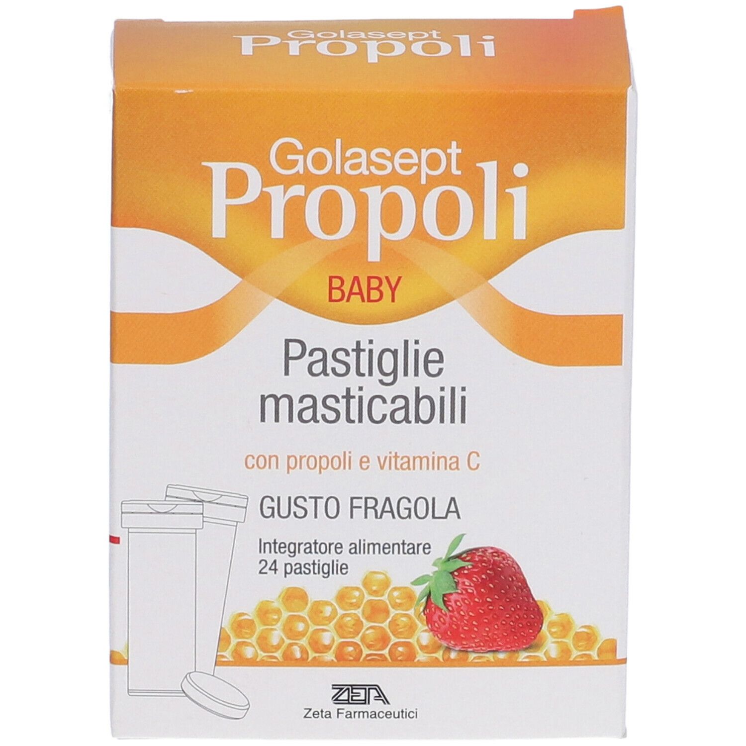 Fronte della scatola Golasept Propoli Baby Pastiglie Masticabili. Nome prodotto, gusto fragola, 24 pastiglie. Immagine.