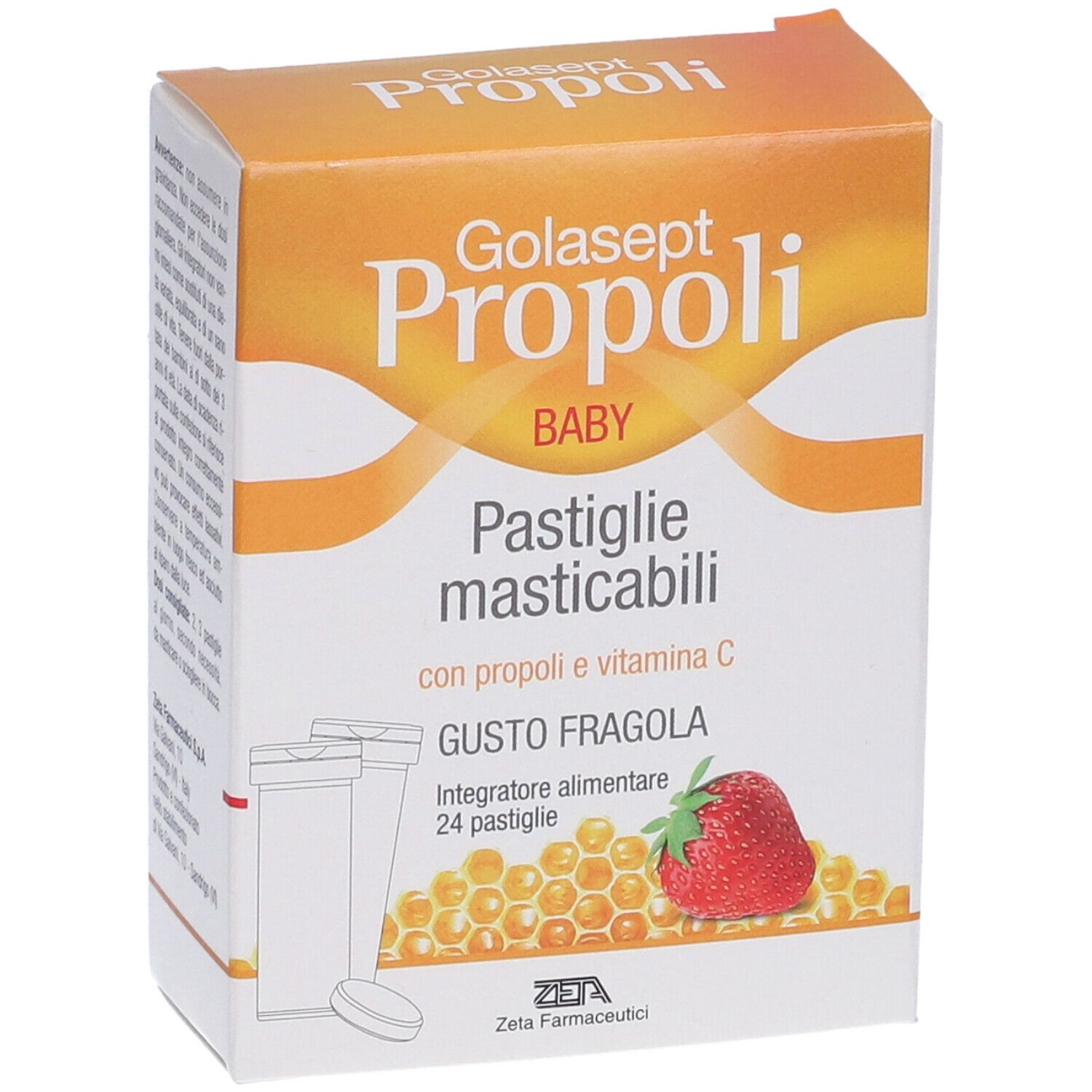 Scatola Golasept Propoli Baby Pastiglie Masticabili. Nome prodotto, gusto fragola, 24 pastiglie. Immagine di fragola.