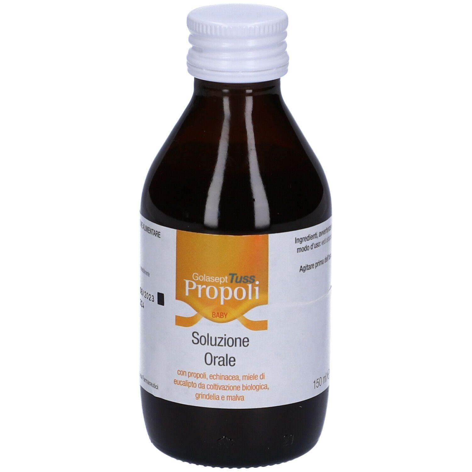 Flacone di vetro marrone con tappo bianco. Etichetta con informazioni sul prodotto. Testo: Golasept Tuss Propoli Baby, Soluzione Orale.