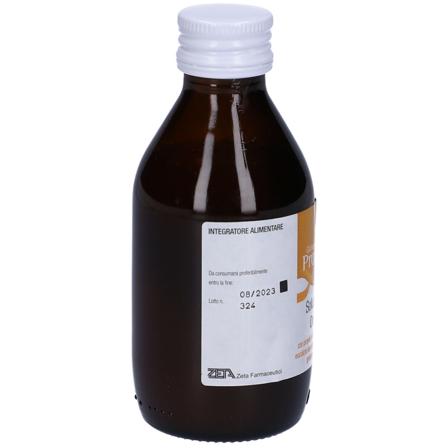 Flacone di vetro marrone con tappo bianco. Etichetta con informazioni sul prodotto. Testo: Integratore Alimentare, scadenza 08/2023.