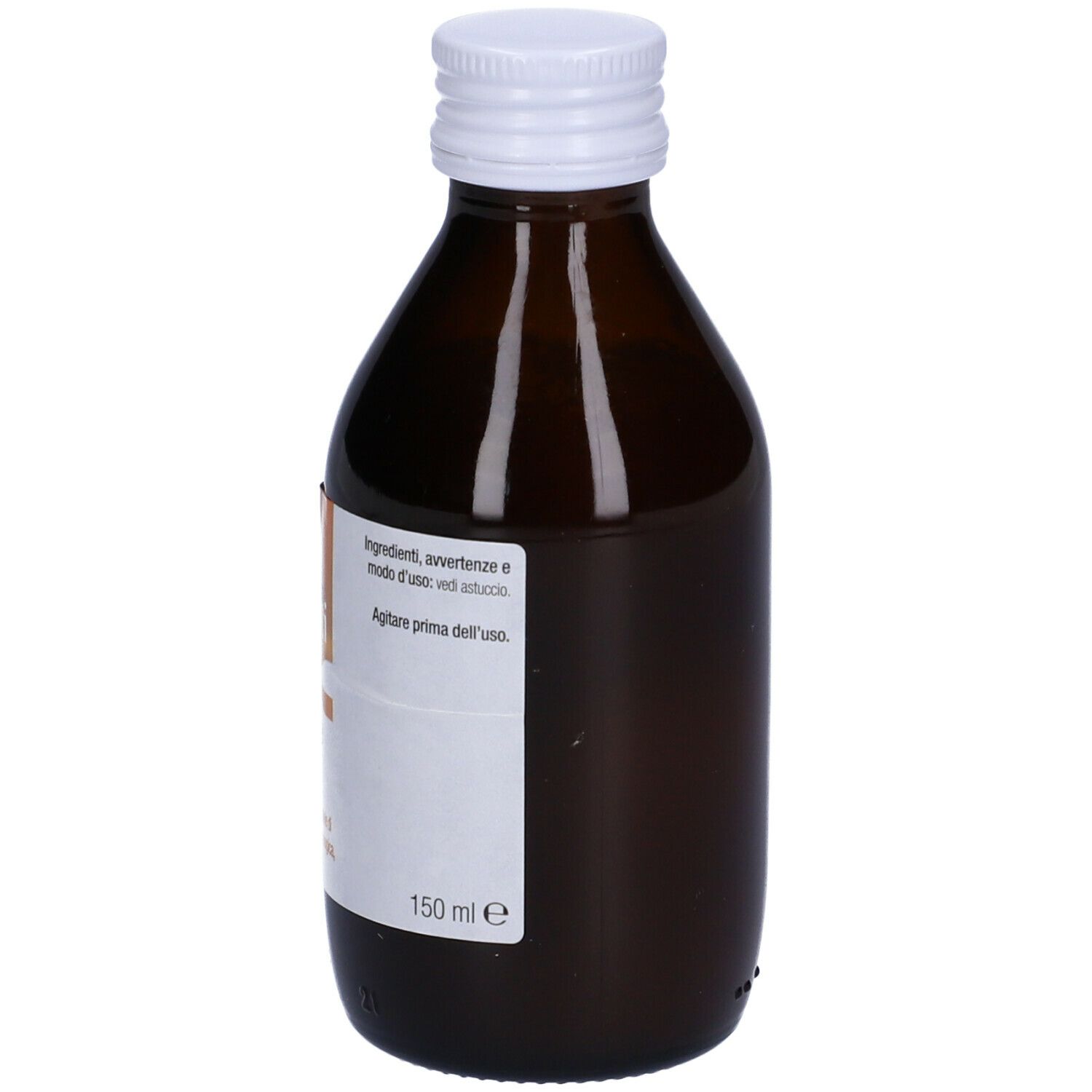 Flacone di vetro marrone con tappo bianco. Etichetta con informazioni sul prodotto. Testo: 150 ml.