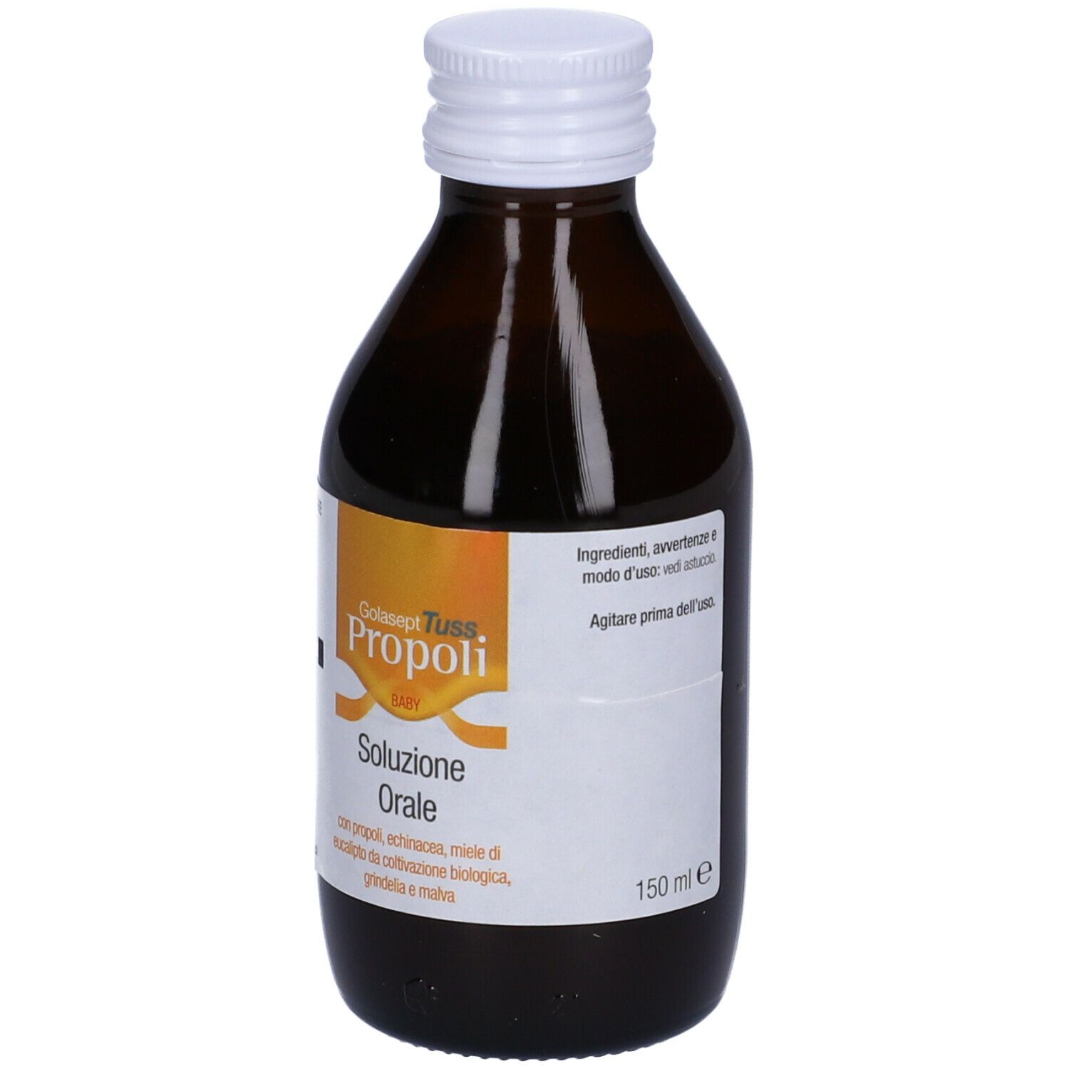 Flacone di vetro marrone con tappo bianco. Etichetta con informazioni sul prodotto. Testo: Golasept Tuss Propoli Baby, Soluzione Orale.